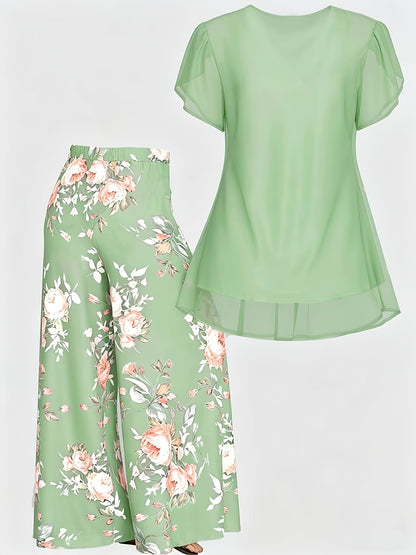 Plus Size - New Women'S Solid Color Top And Printed Pants Chiffon Fashion Style Set Top And Pants Two Piece Set