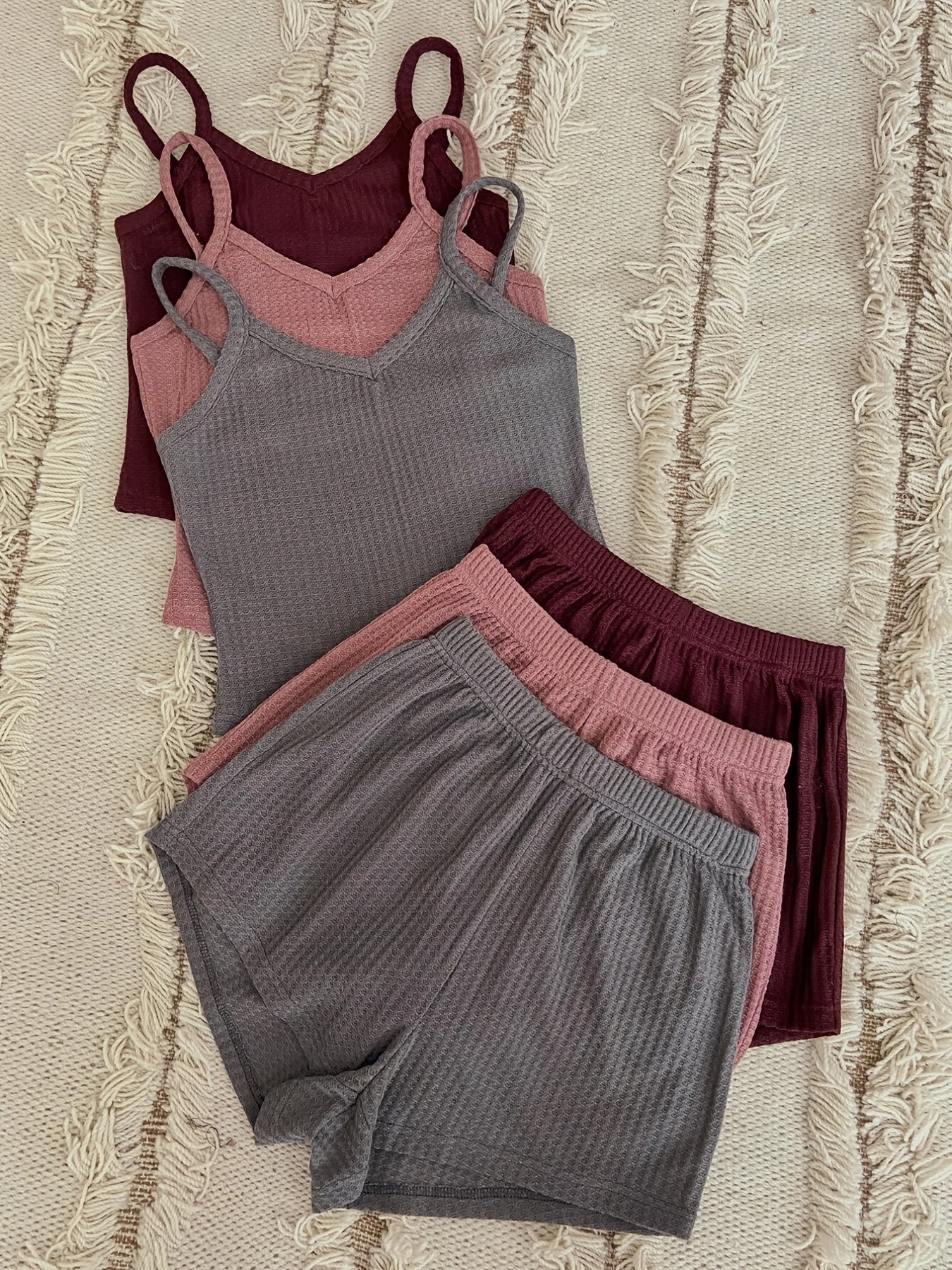 6pcs Chic Waffle Texture Loungewear Set - Versatile Mix & Match Outfits for Women