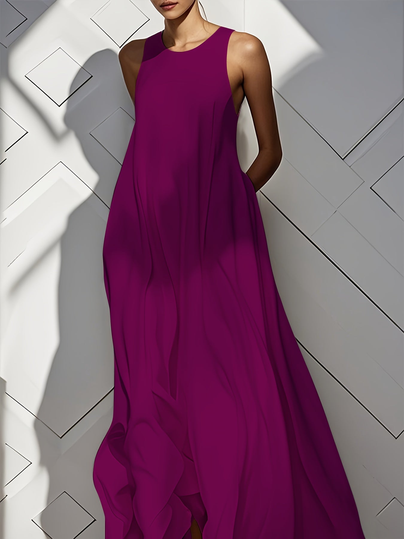 Women'S Long Dress, Summer Sleeveless Pocket Solid Skirt, Flared Ruffled Cutout Round Neck Loose Casual Vacation Fashion Everyday Pleated Maxi Dress