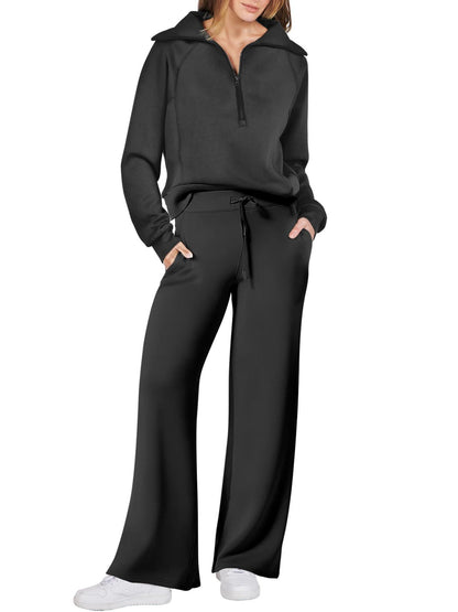 Spring/Autumn Casual Swear Set for Women, Zipper Long-Sleeve Sweatshirt and Wide-Leg Pants 2pcs Set