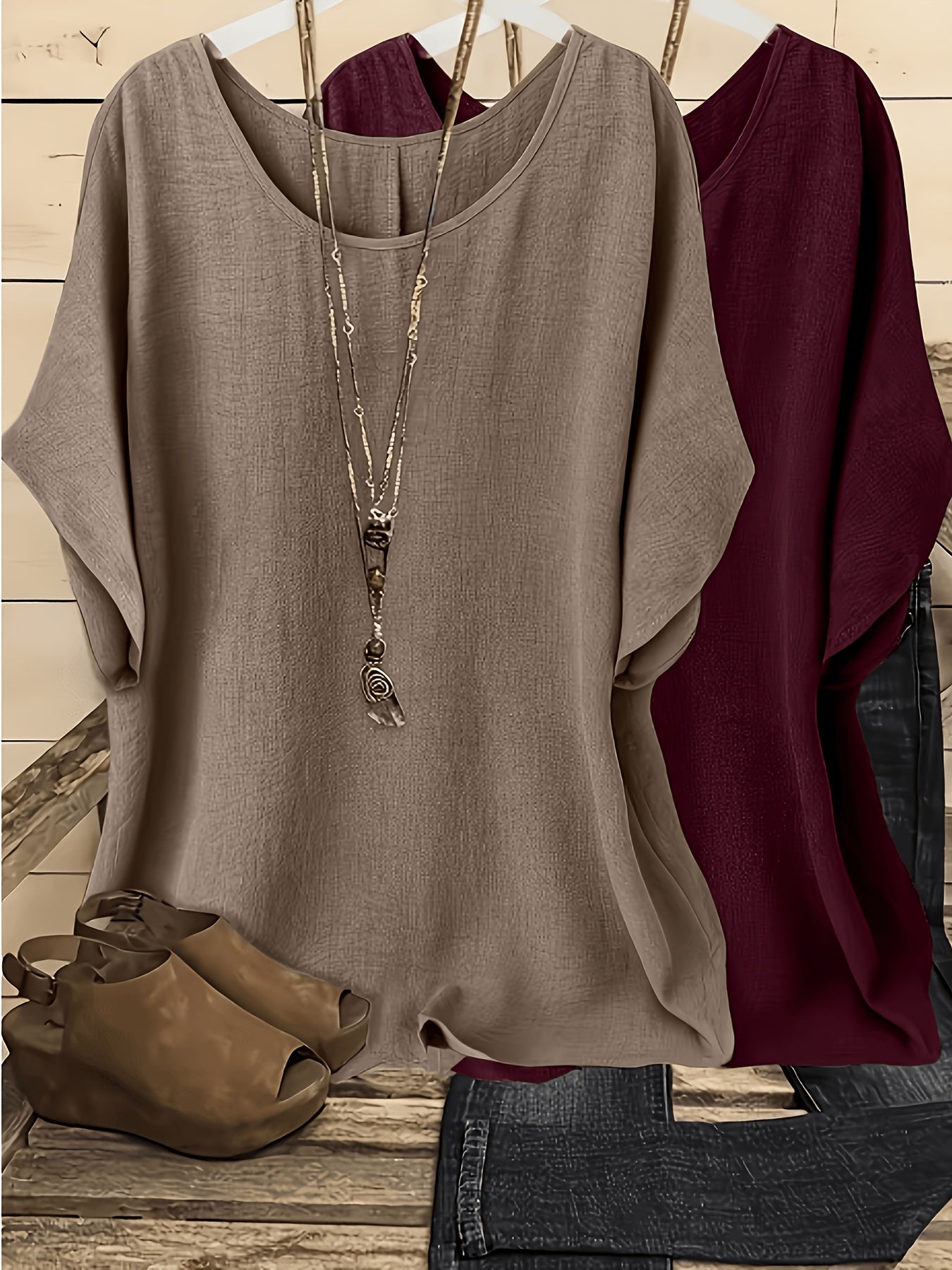 [Women'S Batwing Shirt] 2pcs, Women'S Casual Vacation Solid Color Round Neck Batwing Sleeve Shirt - No Additions Included