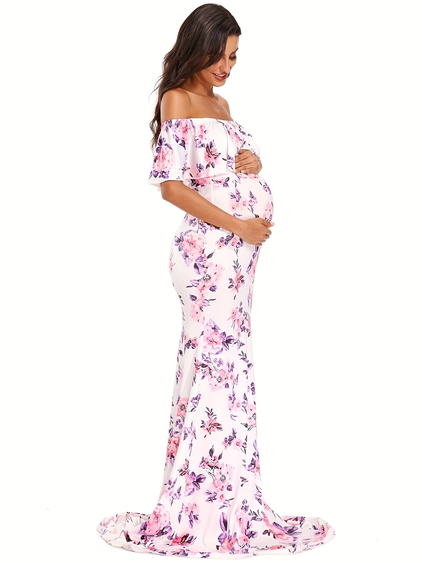 Womens Off Shoulder Maternity Dress Ruffles Elegant Slim Gowns Fit Maxi Photography Dress