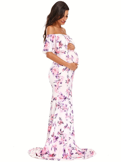Womens Off Shoulder Maternity Dress Ruffles Elegant Slim Gowns Fit Maxi Photography Dress