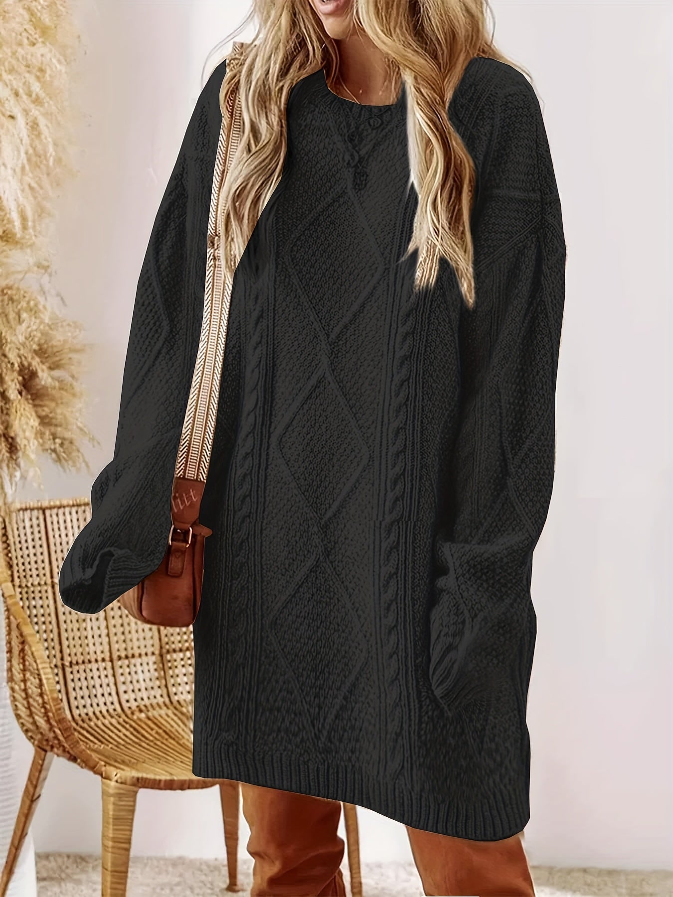 Plus Size, Beige Cable Sweater Dress - Oversized Slouchy Mid-Length Dress with Drop Shoulder, Cozy Winter Dress for Fall/Winter, Beige Cable Pattern Pullover, Elegant Casual to Dressy Wear