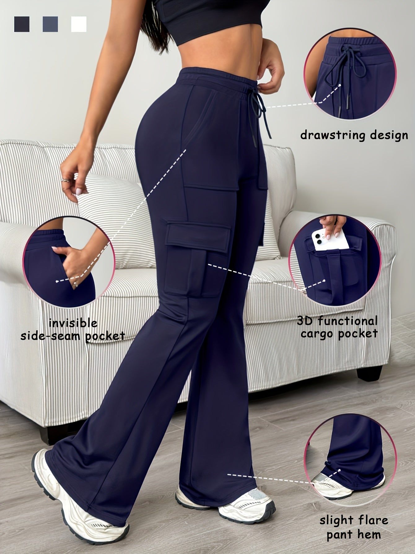 Women'S Solid Color Casual Drawstring Wide-Leg Sweatpants With Pockets, Elastic Waist Micro Flare Cargo Pants, Stretchy Pants For Daily Casual & Wear