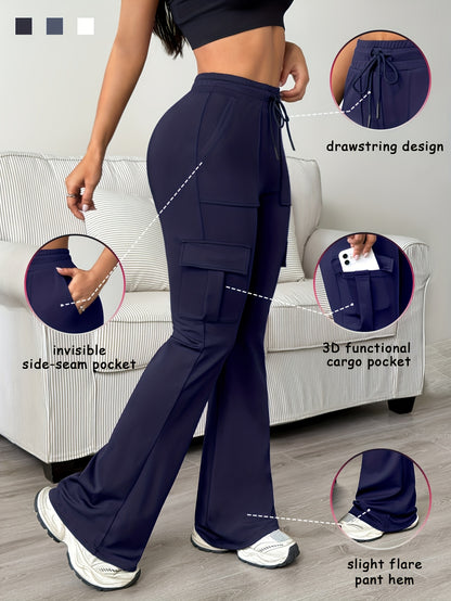 Women'S Solid Color Casual Drawstring Wide-Leg Sweatpants With Pockets, Elastic Waist Micro Flare Cargo Pants, Stretchy Pants For Daily Casual & Wear