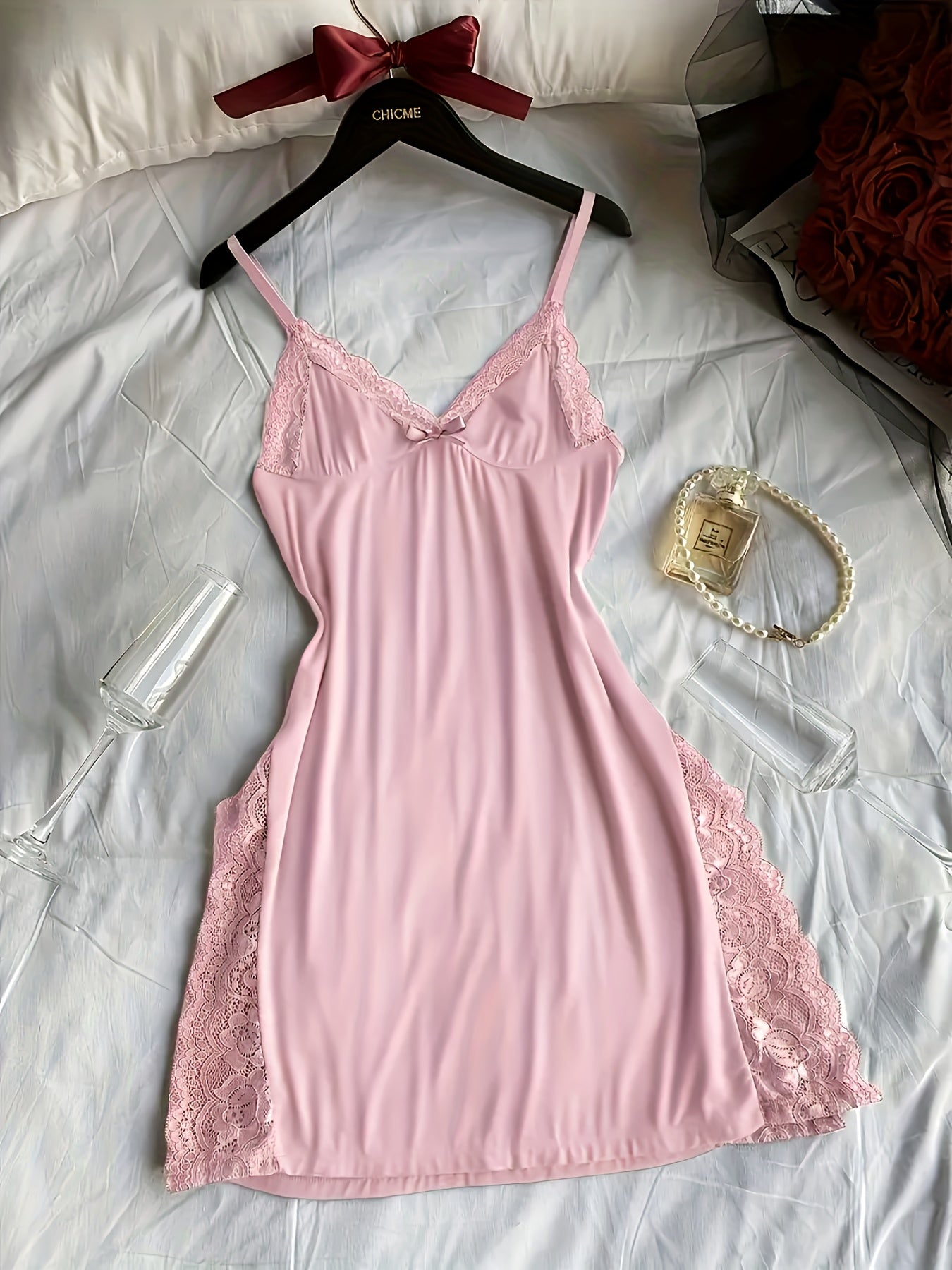 4pcs Of Women's Solid Lace Nightdress, Lace Panels, Skirt Side Slits, Sexy Lace Home Nightdress