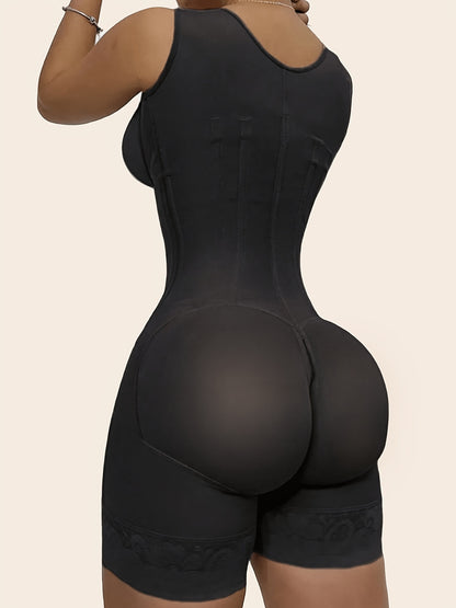 2-in-1 Abdominal Control Shaper Women's Solid Color Body Shaper Dress Pants, Steel Bone Waist Trainer Tummy Control Butt Lifting Pants, Mesh Splice Corset Pants 1pc