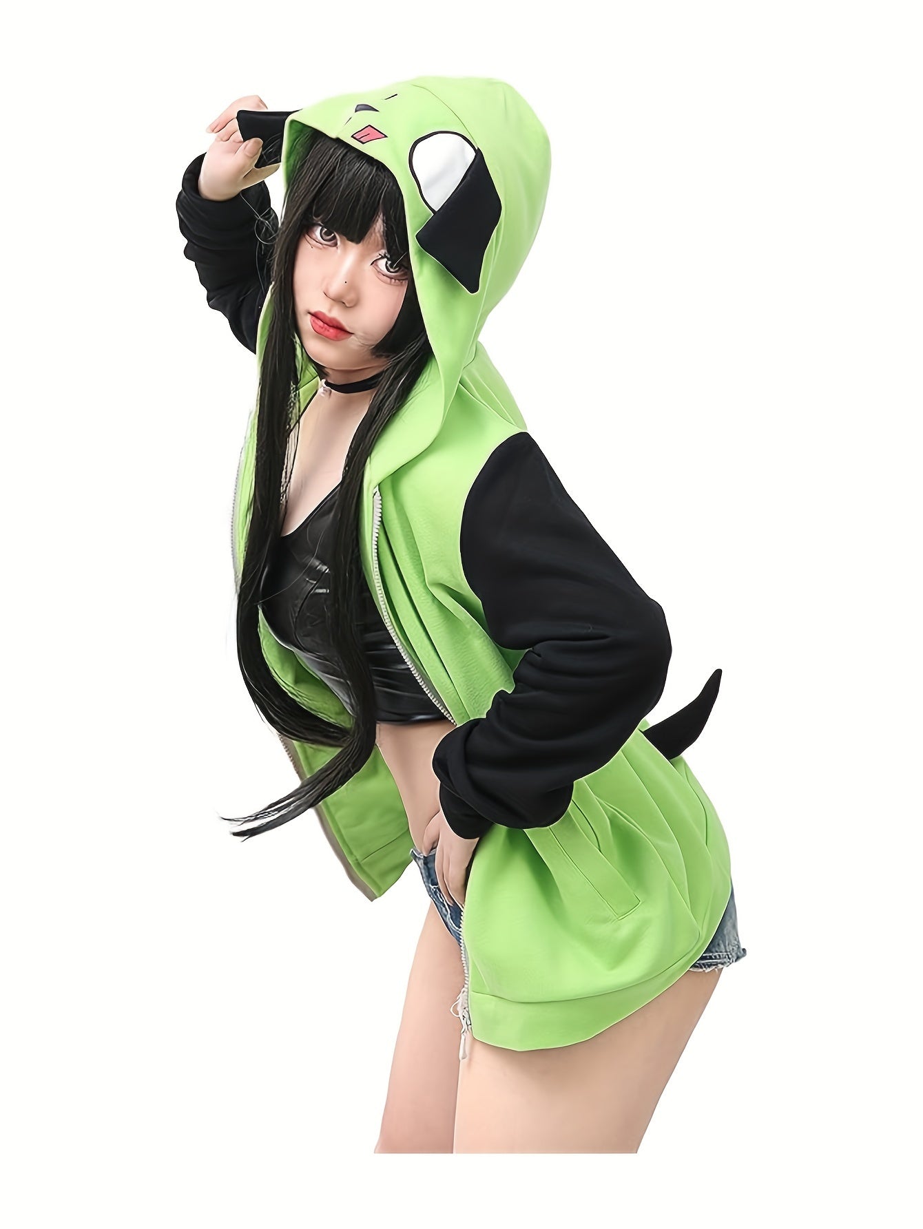 Women Cosplay Hoodie Jacket Green Coat with Ears for Halloween Party