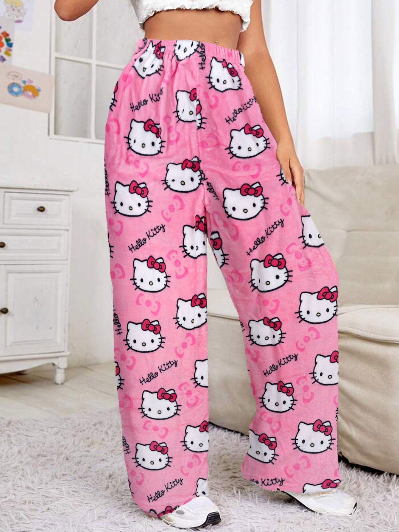 Sanrio Hello Kitty Y2K Kawaii Anime Flannel Pajamas Women'S Warm Cartoon Casual Home Pants Autumn Winter Fashion Trousers