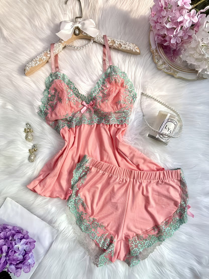 Contrast Color Lace Splicing V-neck Camisole and Double-sided Bow Splicing Casual Shorts | Skin-friendly, Comfortable, Stretchy Fabric, Sexy Style, Suitable for All Seasons