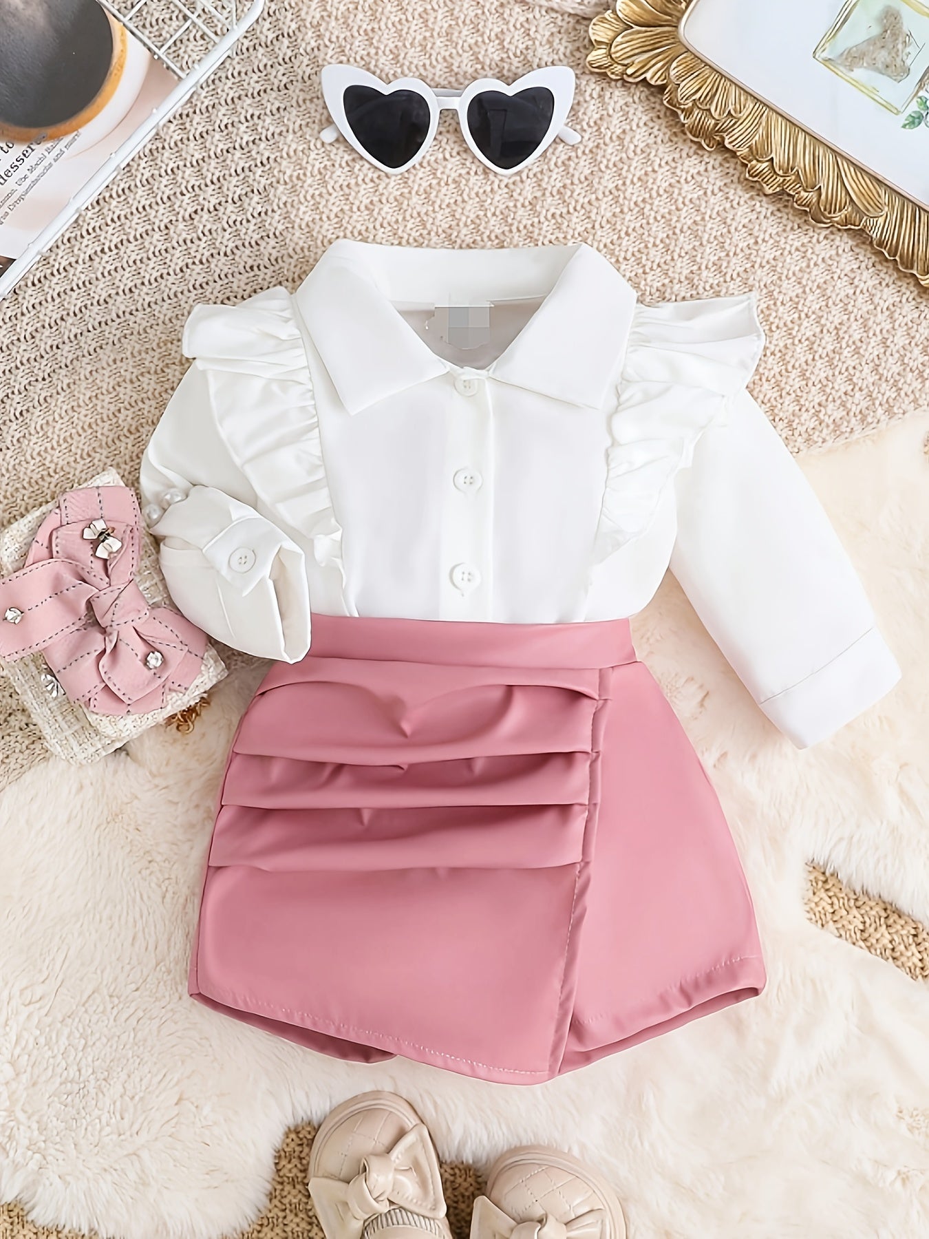 Baby Girl Summer Fashion Straight Shoulder Lapel Top & Irregular Half-Length Skirt 2pcs Set Directional Development, for Outdoor, Perfect for Outdoor