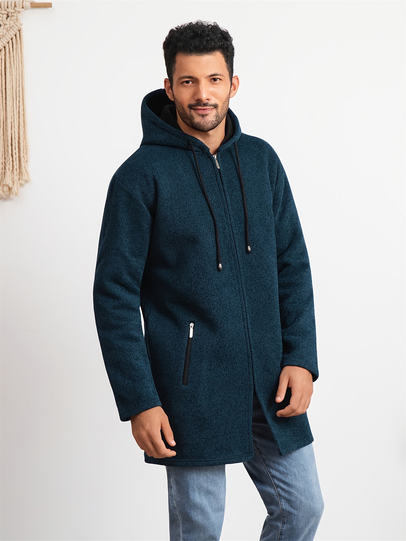 Men's Casual Hoodie, Hooded Mid Length Coat, Lined Zip Up Hoodie, Stylish Slim Fit Hoodie with Pockets, Suitable for Daily Wear, Outdoor Activities And Street