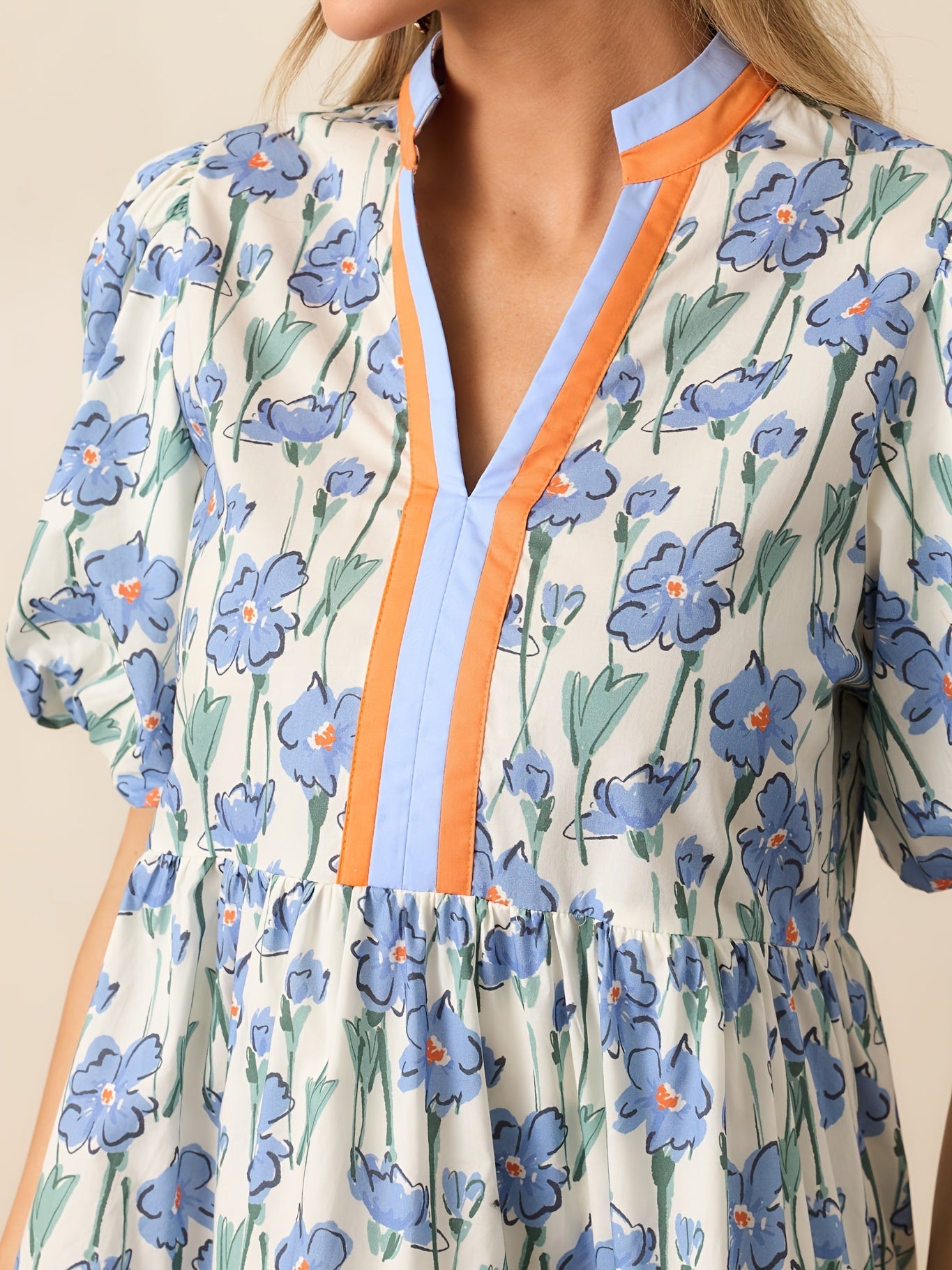 Women'S Summer Floral Mini Dress, Puff Sleeve Short Sleeve V-Neck Loose Bohemian Style Beach Dress, Floral Print