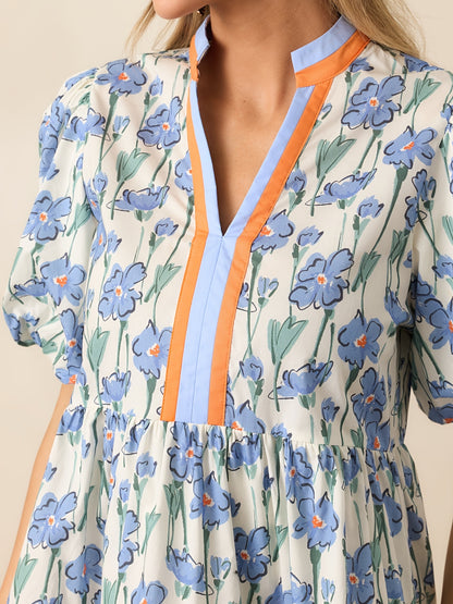 Women'S Summer Floral Mini Dress, Puff Sleeve Short Sleeve V-Neck Loose Bohemian Style Beach Dress, Floral Print