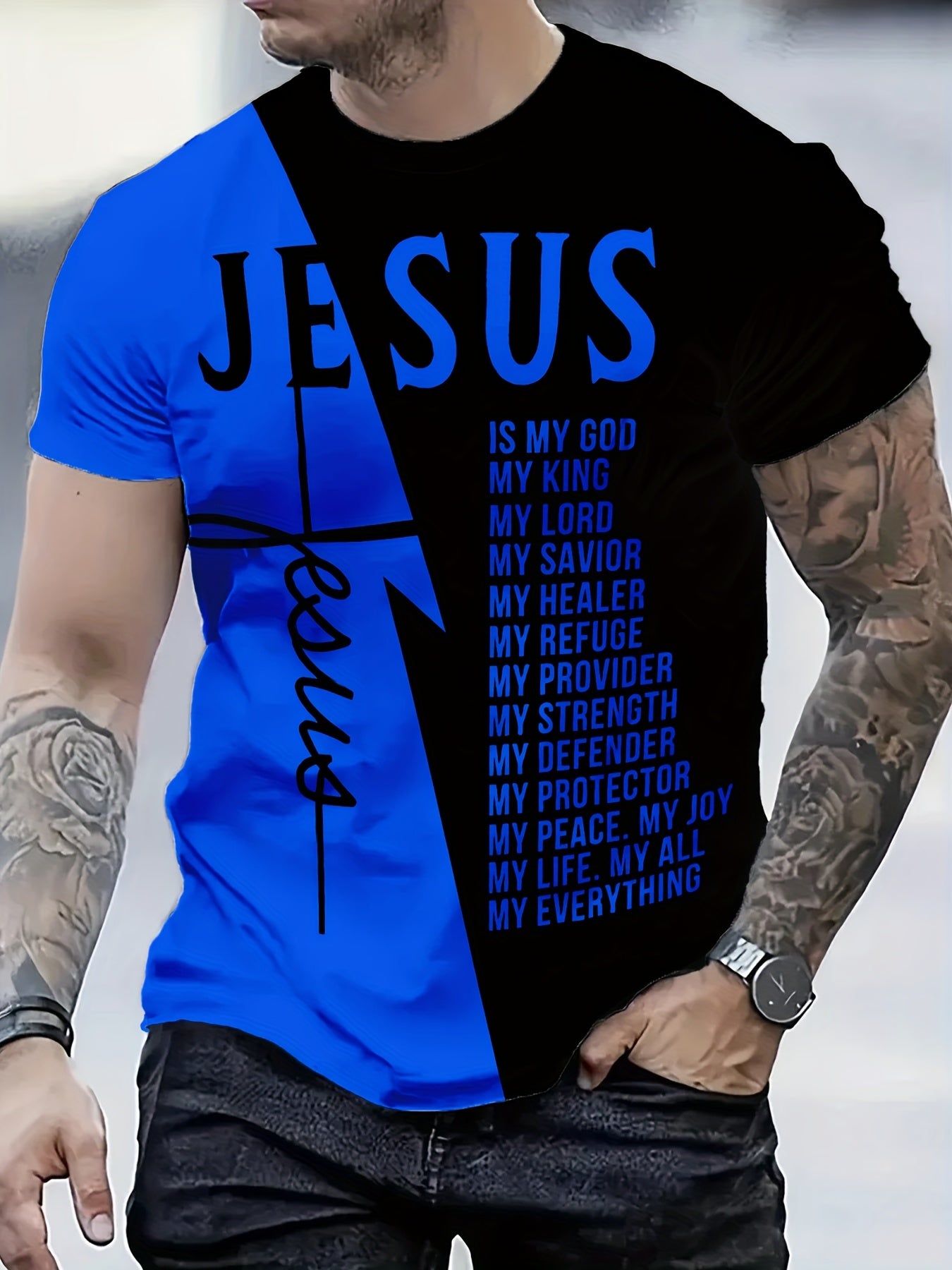 Men'S T-Shirt Featuring a Design - Black with a Yellow Cross And The Word ' ' in 3D Letters, Short Sleeves And a Crew Neck, Ideal for Casual Outdoor Wear Throughout The Year, a Great Gift for Him, Motivational Apparel