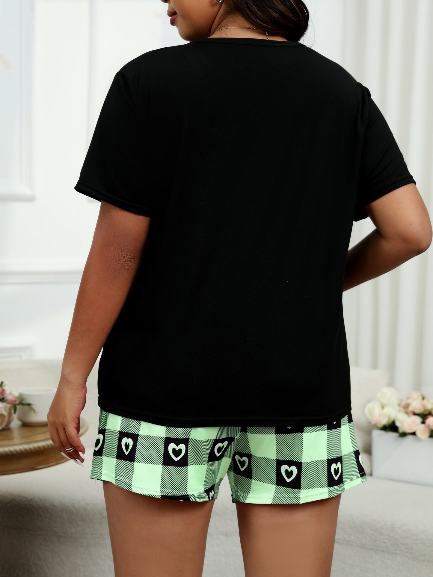 [Heart Letter Print Pajama] Plus Size Heart Letter Print Short Sleeve & Plaid Shorts Pajama Set - Women's