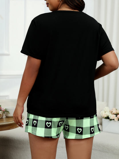 [Heart Letter Print Pajama] Plus Size Heart Letter Print Short Sleeve & Plaid Shorts Pajama Set - Women's