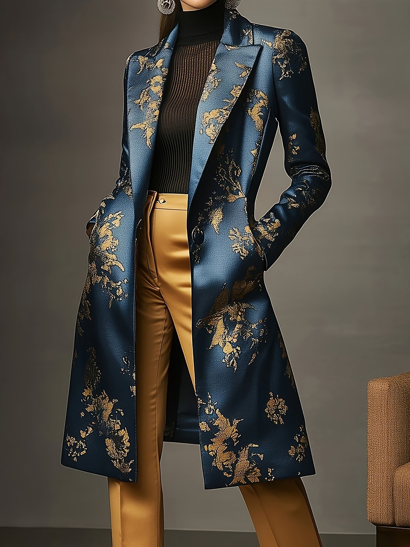 Elegant Fashion Casual Golden Floral Print Stain Overcoat, Baroque Style, Single Button Double Pocket Long Sleeves Long Blazer, Smooth And Delicate Feel, Suitable for Formal And Casual Occasions