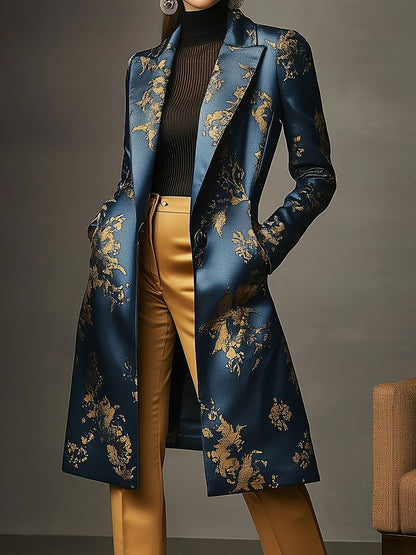 Elegant Fashion Casual Golden Floral Print Stain Overcoat, Baroque Style, Single Button Double Pocket Long Sleeves Long Blazer, Smooth And Delicate Feel, Suitable for Formal And Casual Occasions