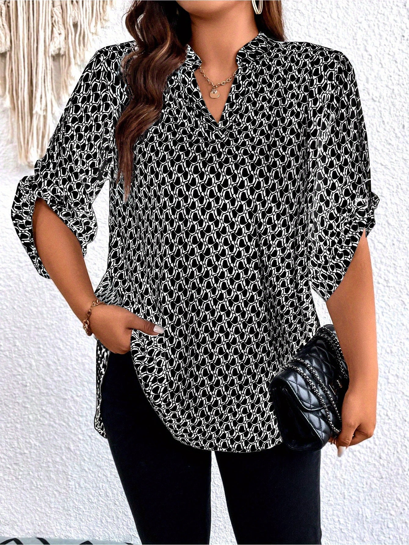 Plus Size, Plus Size Casual Top, Women's Plus Size Allover Print Roll Sleeve Split Neck Tunic Top