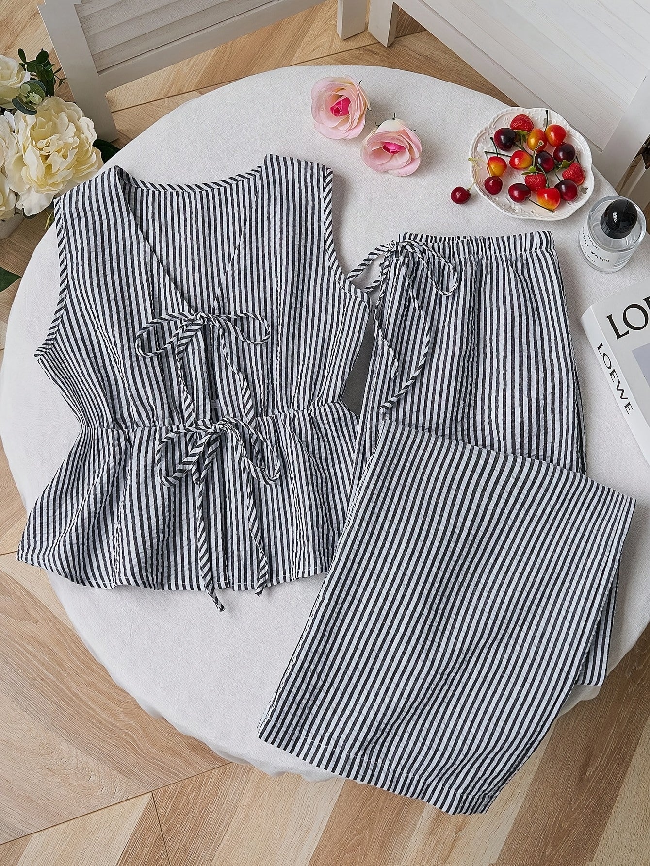 2pcs Women's Summer Tie Front Waist Cinched Sleeveless Top + Wide Leg Pants Set | Minimalist Plaid Design, Ideal for Daily Outings Commuting Dates and Multi-Scene Wear