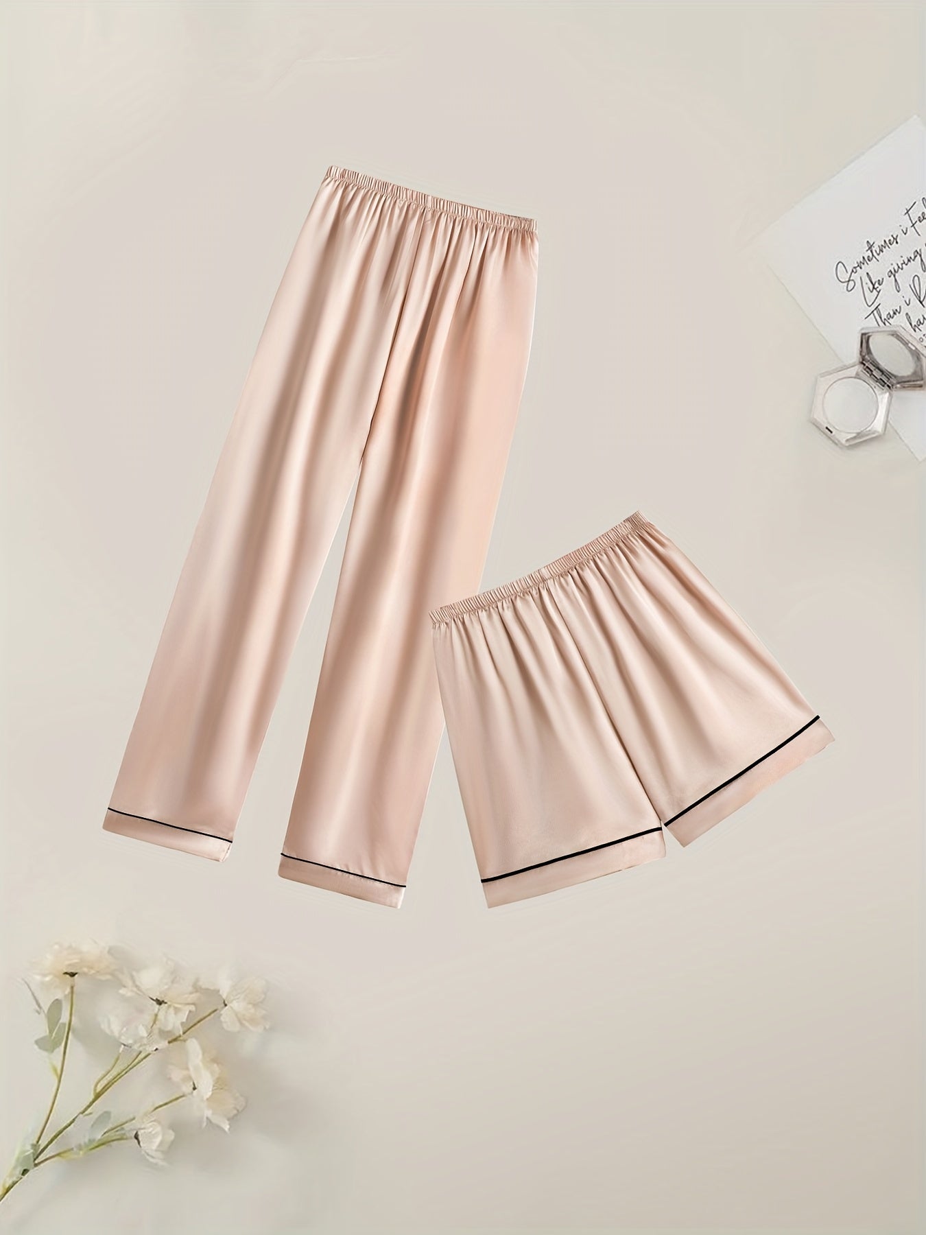 Women'S Solid Satin Casual Pajama Set, Short Sleeve Buttons Lapel Top & Shorts & Pants, Comfortable Relaxed Fit