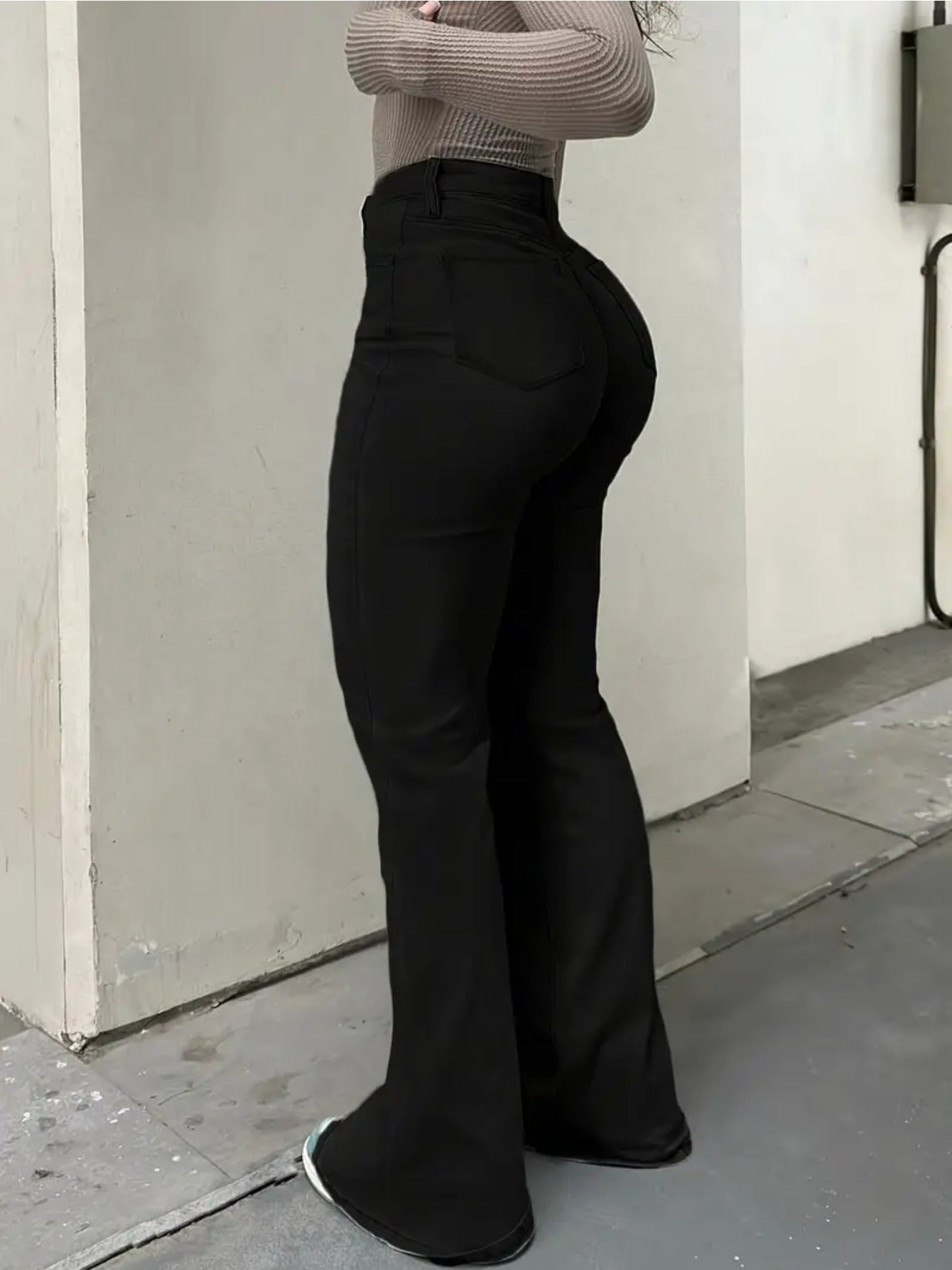 These Are Women'S Stylish Black Flare Jeans Made from Stretchy Viscose, Perfect for Casual Wear And Comfortable in Any Season, Featuring a Button-Front Design