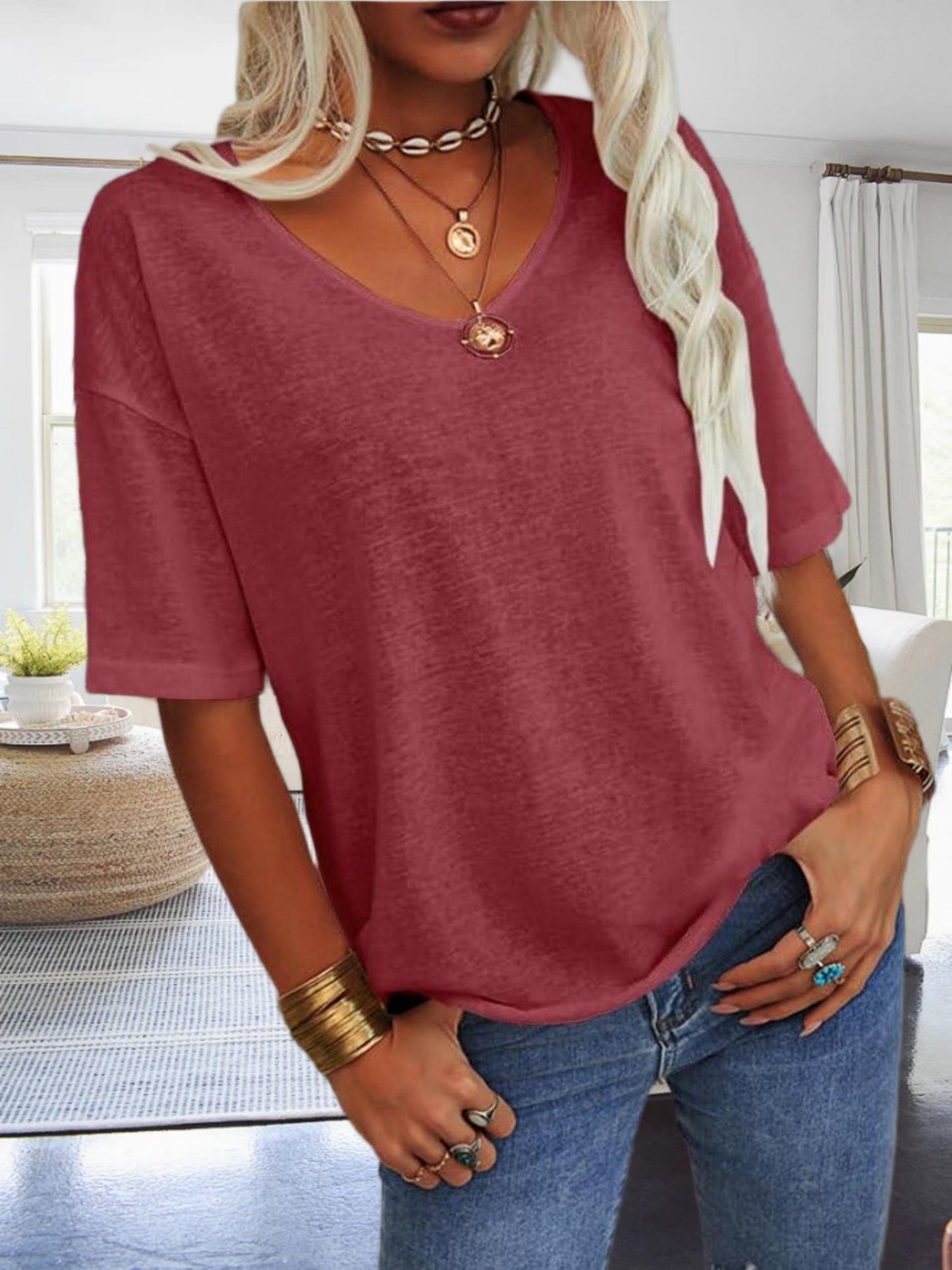 Women's Casual Loungewear Top, Loose V-Neck Short Sleeve Shirt, Soft Comfy Basic Daily Home Wear