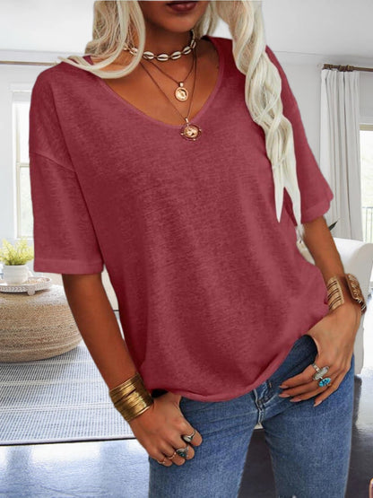 Women's Casual Loungewear Top, Loose V-Neck Short Sleeve Shirt, Soft Comfy Basic Daily Home Wear