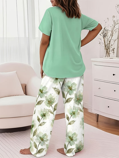 Round Neck Cross Printed Top Short-Sleeved Gradient Wide-Leg Pants Casual Loose Two-Piece Set