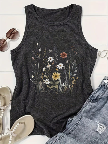 Casual Sleeveless Summer Print Tank Top, Crew Neck Women's Clothing