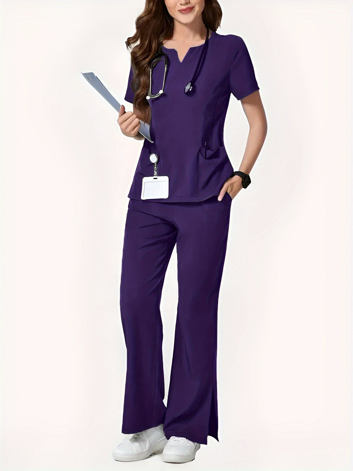 Two-Piece Easy And Comfortable Breathable Brushing Gloves Set for Work Uniforms, V-Neck Short-Sleeved Front-Pocket Comfortable Top And Slit Straight-Leg Trousers, All-Season Wear, Perfect for Healthcare, Dental, And Pet Hospital Professionals