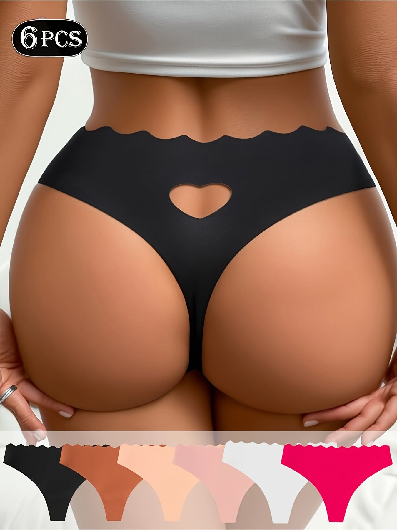 Set of 6, Ladies' Low-Rise Thongs Featuring a Heart Design, Seamless Construction, Alluring Style, with Wavy Edge Patterns And Cut-Out Heart Details