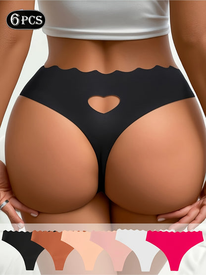 Set of 6, Ladies' Low-Rise Thongs Featuring a Heart Design, Seamless Construction, Alluring Style, with Wavy Edge Patterns And Cut-Out Heart Details