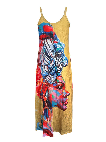 Women'S Long Dress Featuring a Portrait Print, Designed in a New European And American Style with Straps for Summer
