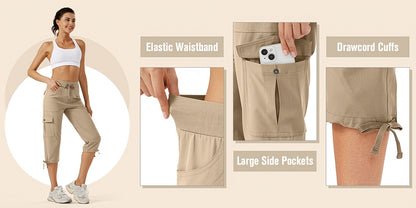 Women's Cargo Capri Hiking Pants Quick Dry Lightweight Travel Casual Workout 50+ Button Pockets