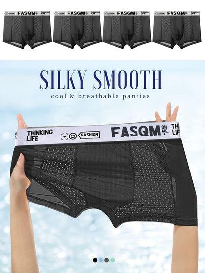 4 Pcs Men's Fashionable, Comfortable, Sexy, Breathable Mesh High Elasticity Patchwork Four Corner Underwear Is A Great Gift Item