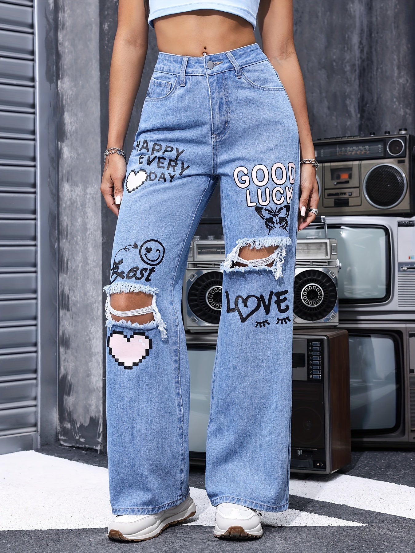 [High-Waisted Denim Pants] Casual Wide-Leg Denim Pants Featuring a High-Waisted Design with Heart And Letter Prints, Distressed Details