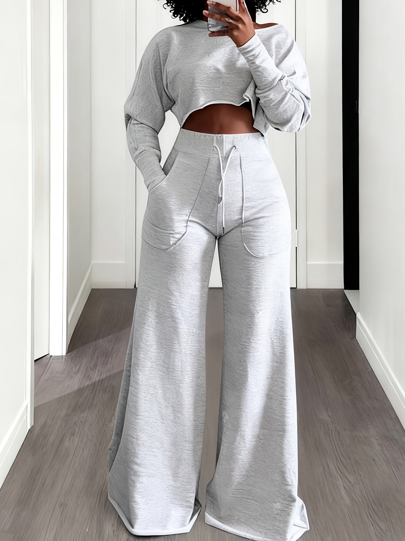Fall And Winter 2pcs Women's Cropped T-Shirts & High-Waisted Sweatpants Set - Drawstring Waist Straight Leg Lounge Set, Winter Outfits, Women Two Piece Outfits for Ourdoor, S, Pant Suits for Women 2pcs, Women's Winter Outfits Set