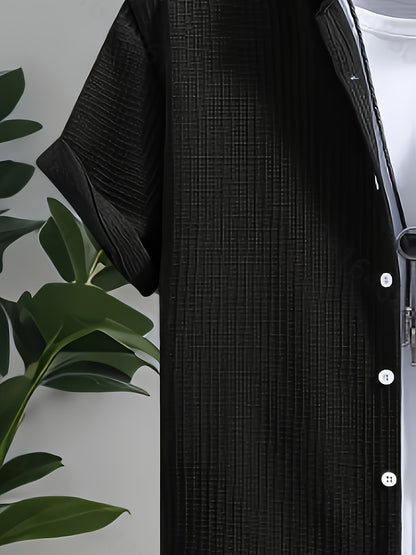 Men's Shirt Trousers Suit, Fashionable Bubble Plaid Simple Casual Lapel Short-sleeved Shirt And Solid Color Trousers Suit