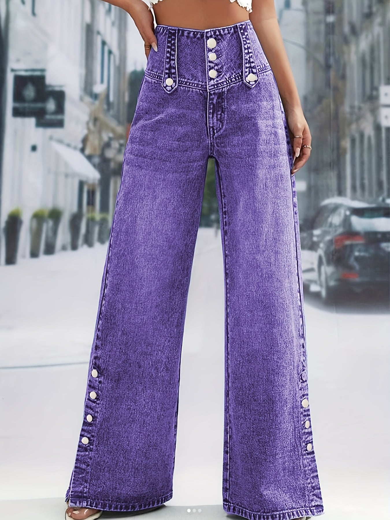 Women's Purple Jeans with Adjustable Button Waist & Cuff - Wide-Leg Straight-Leg Trousers, Mid-Rise Fit, All-Season Casual Pants (Machine Washable) for Home, Travel, Office - Purple Jeans for Jeans-Loving Women
