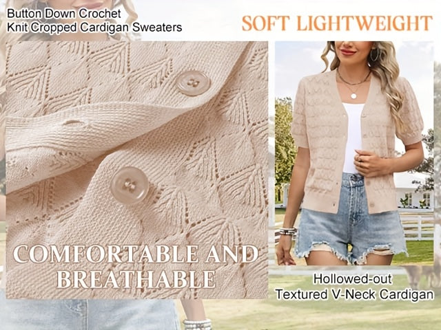 Lightweight Crocheted Short Cardigan for Women Featuring Puff Sleeves; a Breathable, Comfy, And Versatile Top Ideal for Spring And Summer