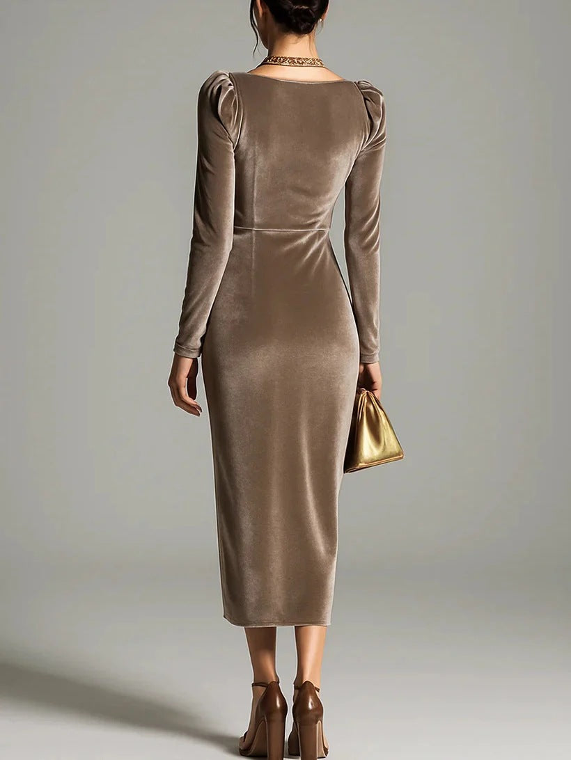 Women's 【Brown】 Polyester Ruffle V-Neck Dress - product view 3
