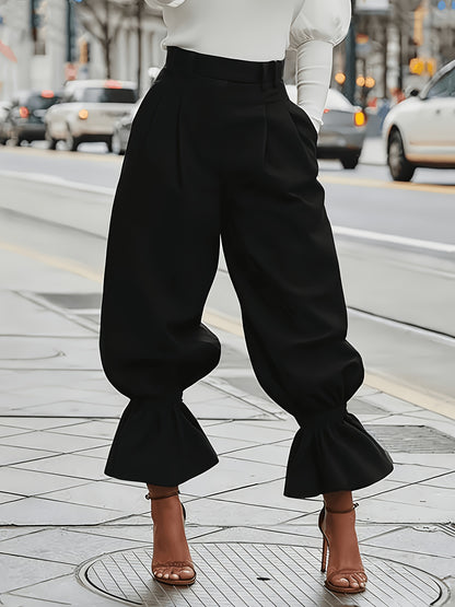 Women's High Waist Lantern Pants - Olive Green Wide Leg Trousers with Ruffled Hem And Elastic Waistband"