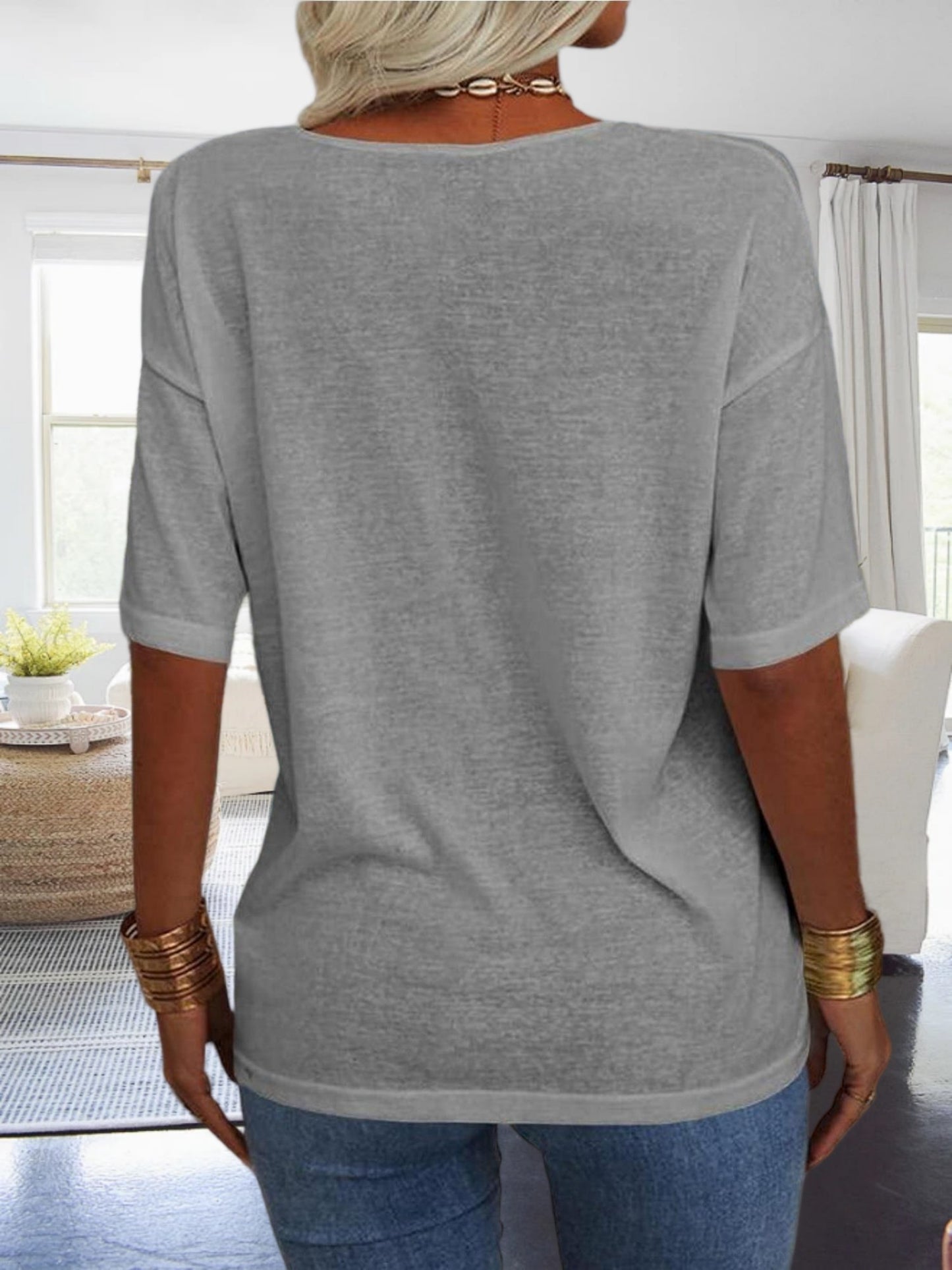 Women's Casual Loungewear Top, Loose V-Neck Short Sleeve Shirt, Soft Comfy Basic Daily Home Wear