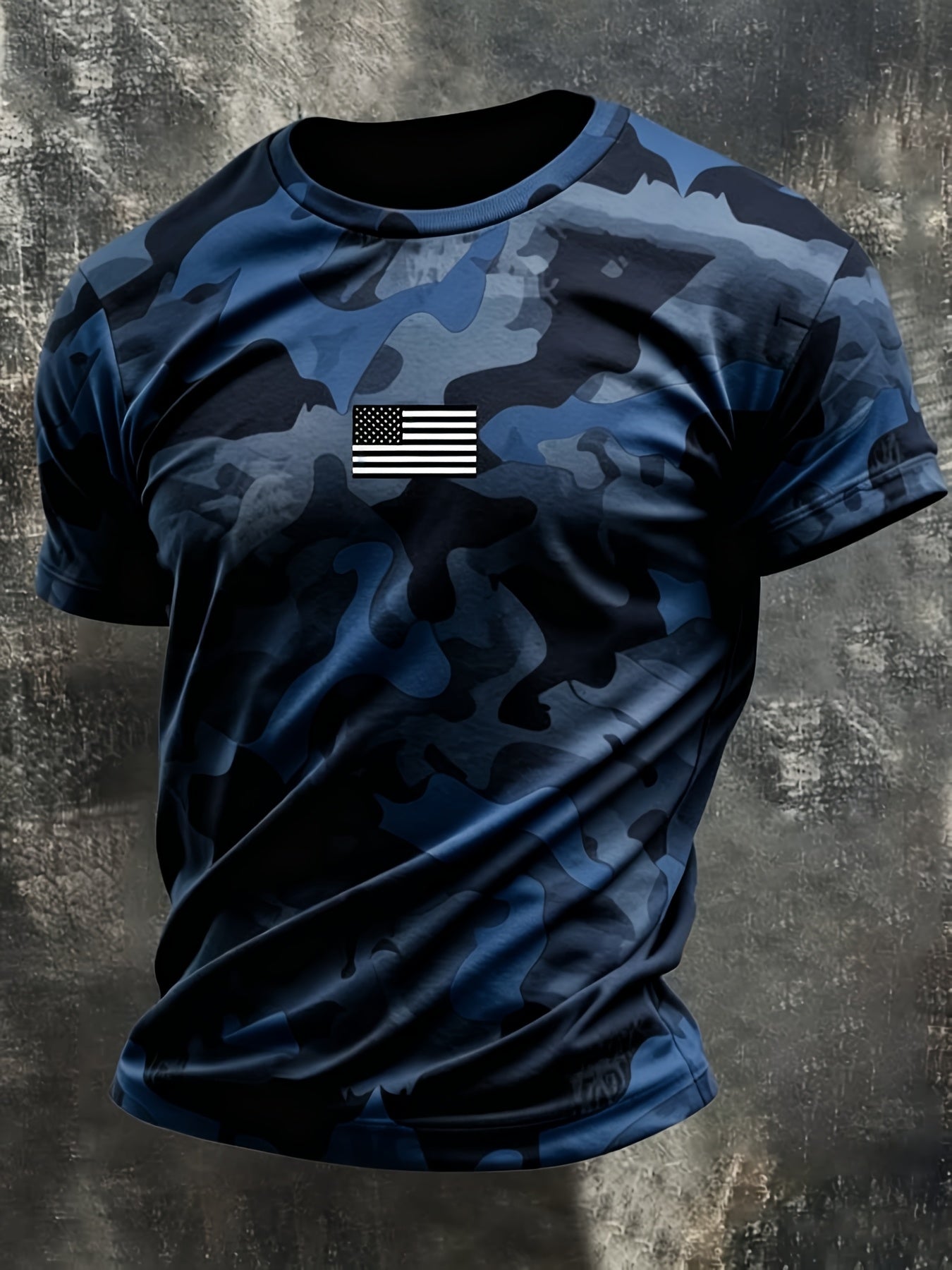 Trendy Orange Black Camouflage Splicing Design, Mini American Flag on Chest, Round Neck Short Sleeve Silhouette, Casual And Versatile, Plus Size Friendly, Suitable for Outdoor Commuting, Showcasing American Tough Guy Style