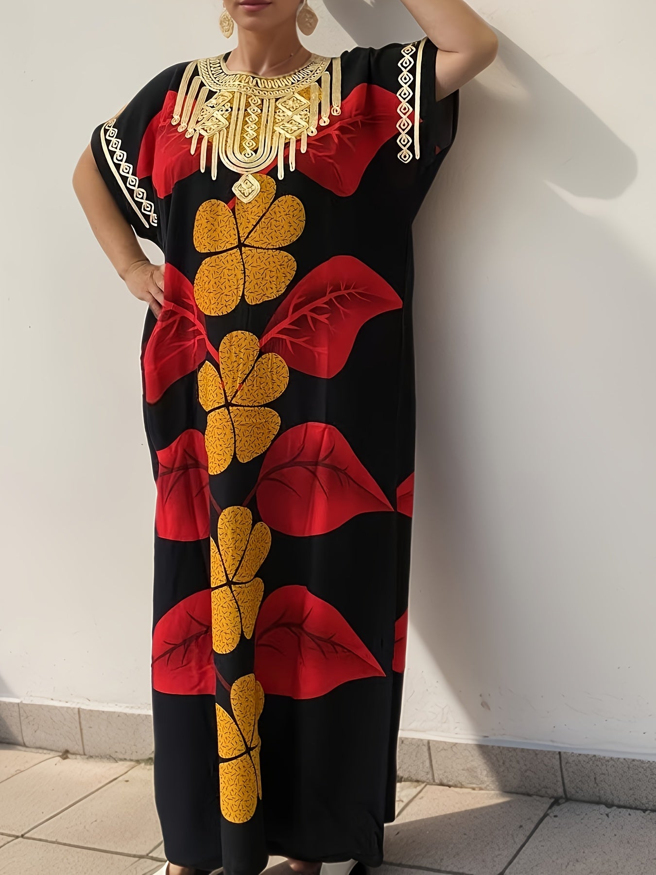 Plus-Size Floral Print Kaftan Dress for Ramadan, Elegant Round-Neck Short-Sleeve Gown for Middle Eastern Women, Women'S Plus-Size Clothing.