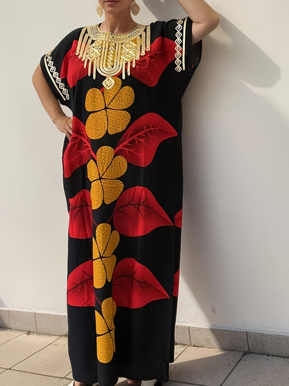 Plus-Size Floral Print Kaftan Dress for Ramadan, Elegant Round-Neck Short-Sleeve Gown for Middle Eastern Women, Women'S Plus-Size Clothing.