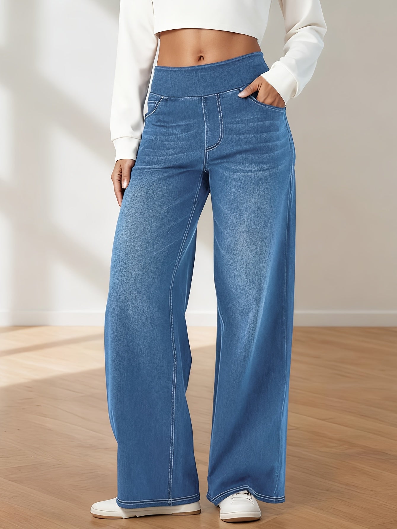 Women's Stretch Waistband Jeans High Waisted Slim Wide-Legged Jeans Loose Straight Leg Pants with Pockets Designed for All Seasons Versatile for Everyday And Formal Wear Machine Washable Women's Trendy Denim Pants for Office Wear Outdoor Jeans
